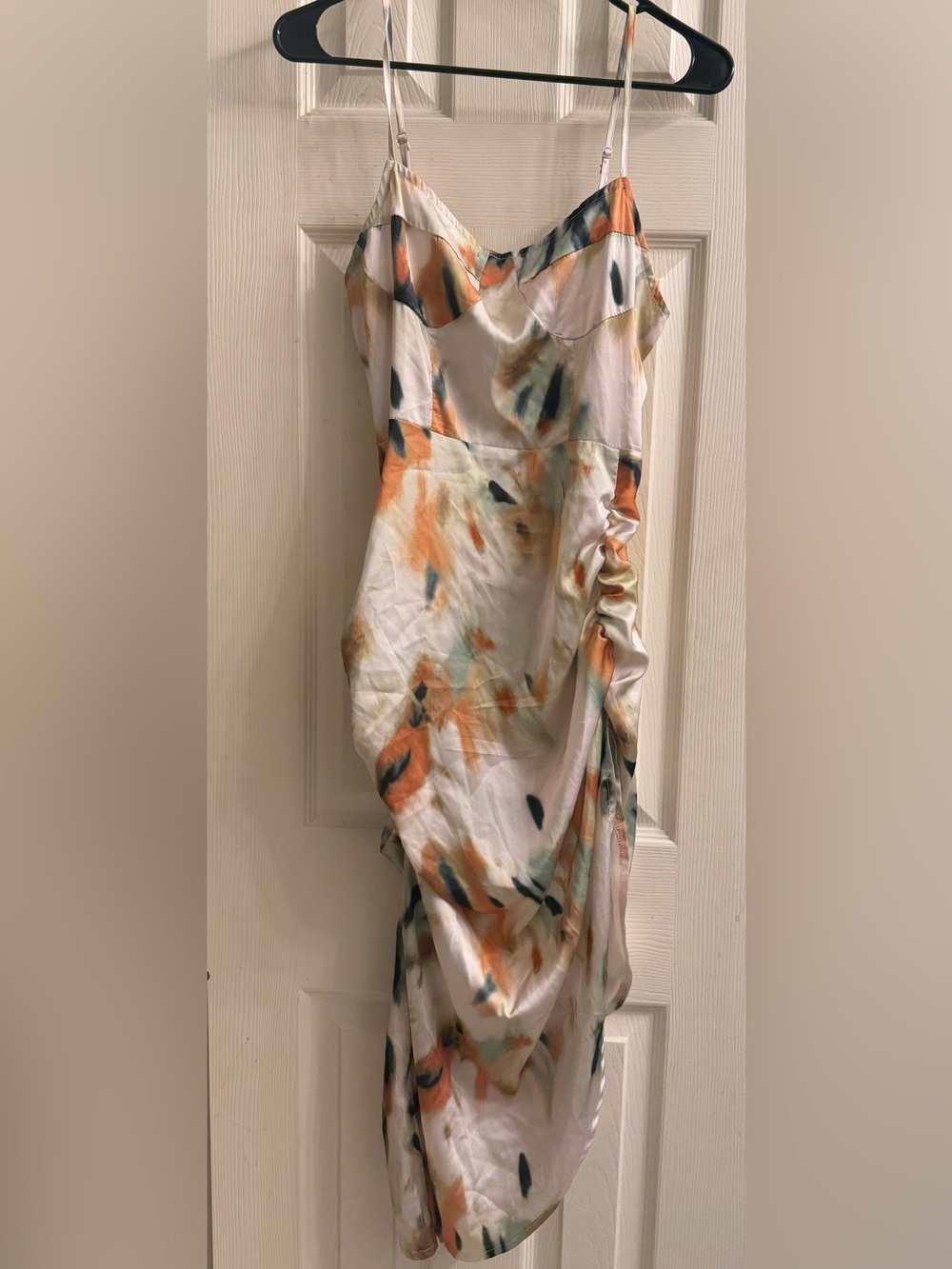 Satin Floral-Print Ruched Women's Dress in White and Orange